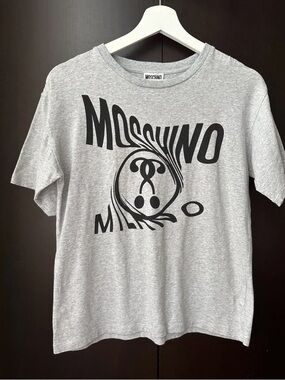 Moschino Gray Short-Sleeve Logo Tee with Black Graphic 12 Y